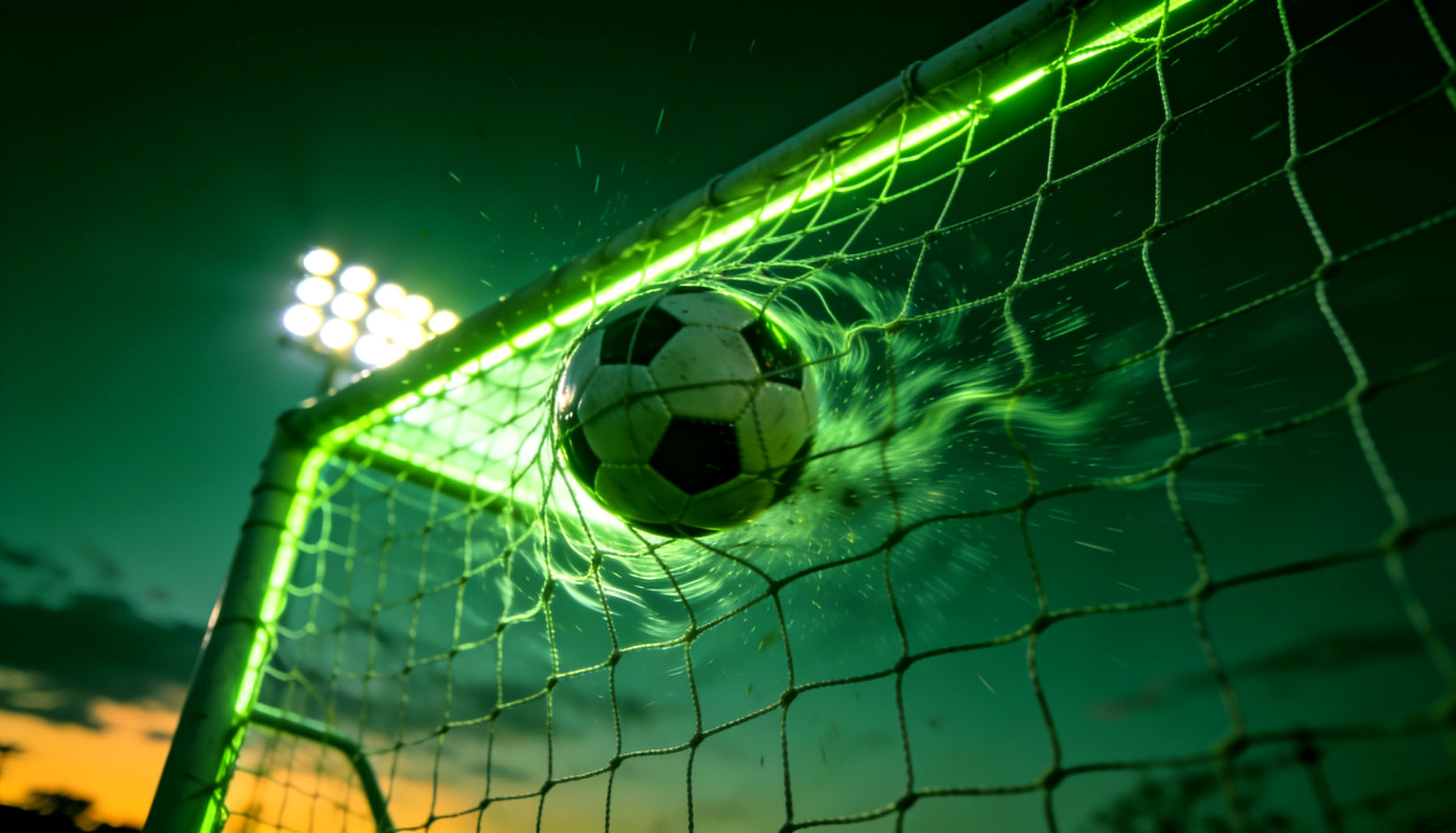 Football hitting the back of the net under floodlights at dusk