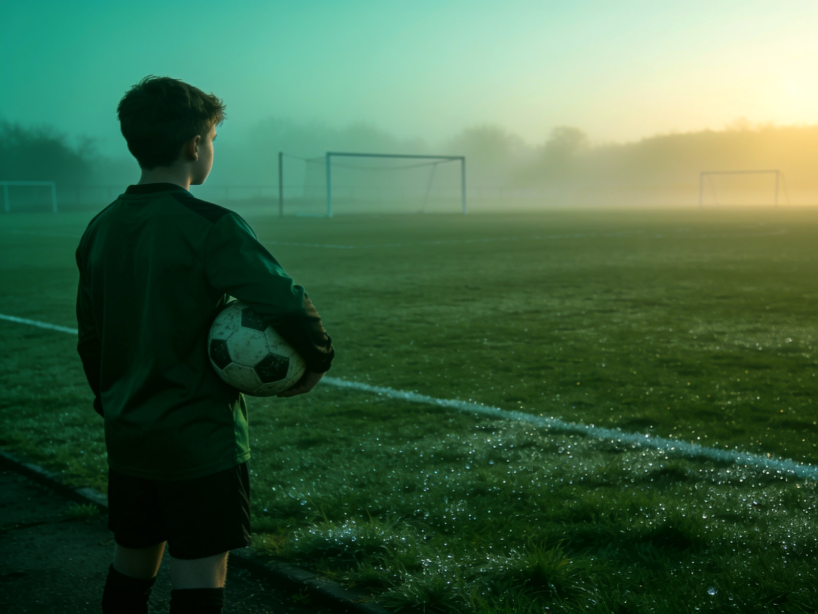 Young footballer standing at the edge of a misty pitch at dawn with a ball under his arm