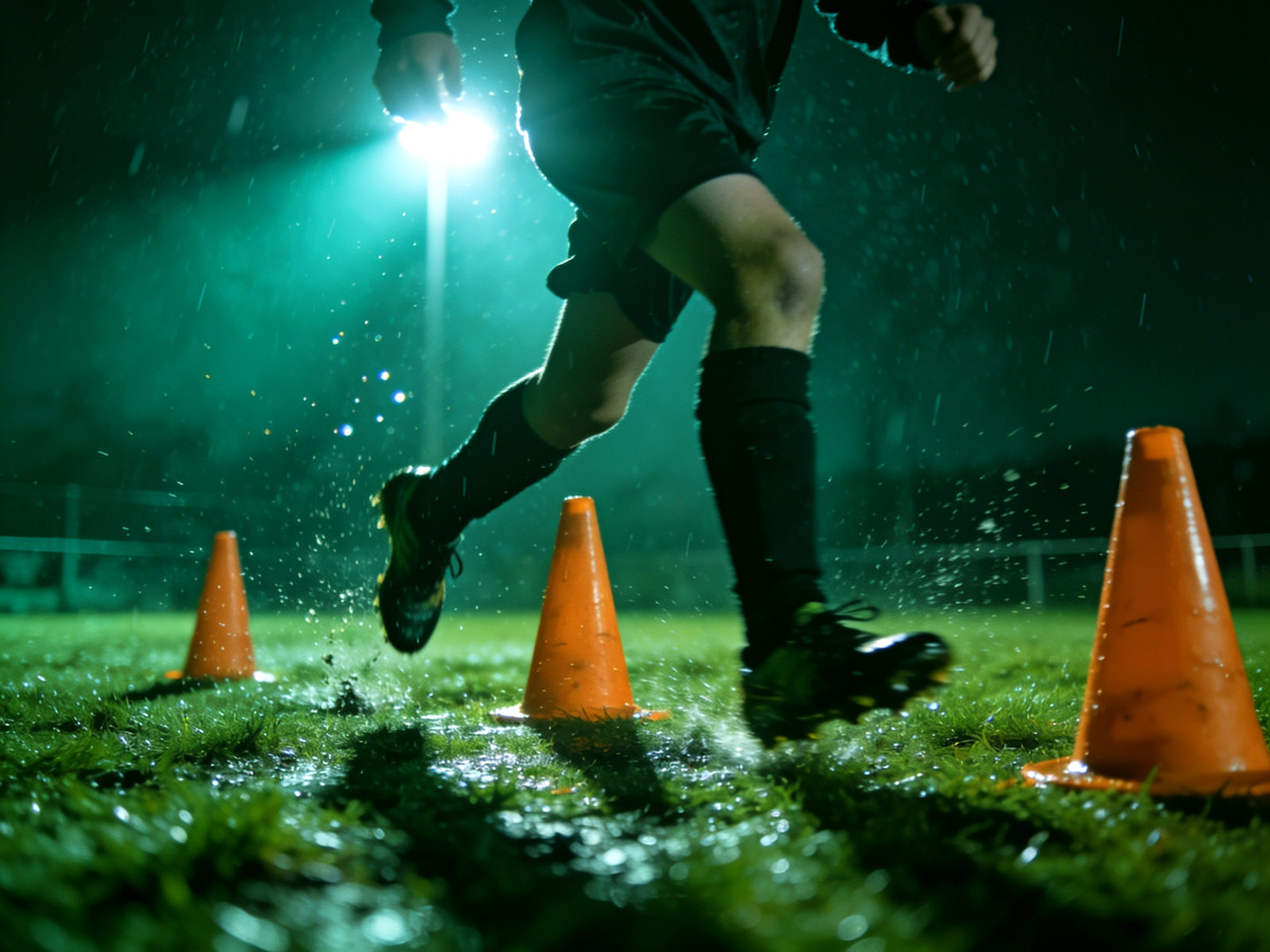 Football boots weaving through training cones on wet grass under a floodlight at night