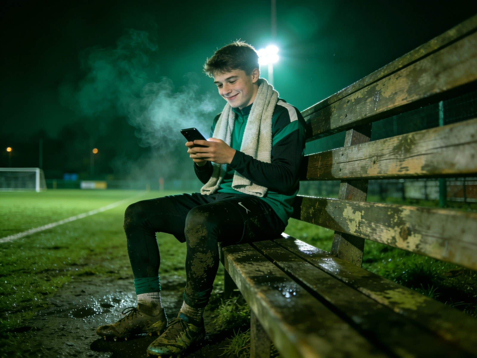 Young footballer on a bench after night training, checking his progress on his phone