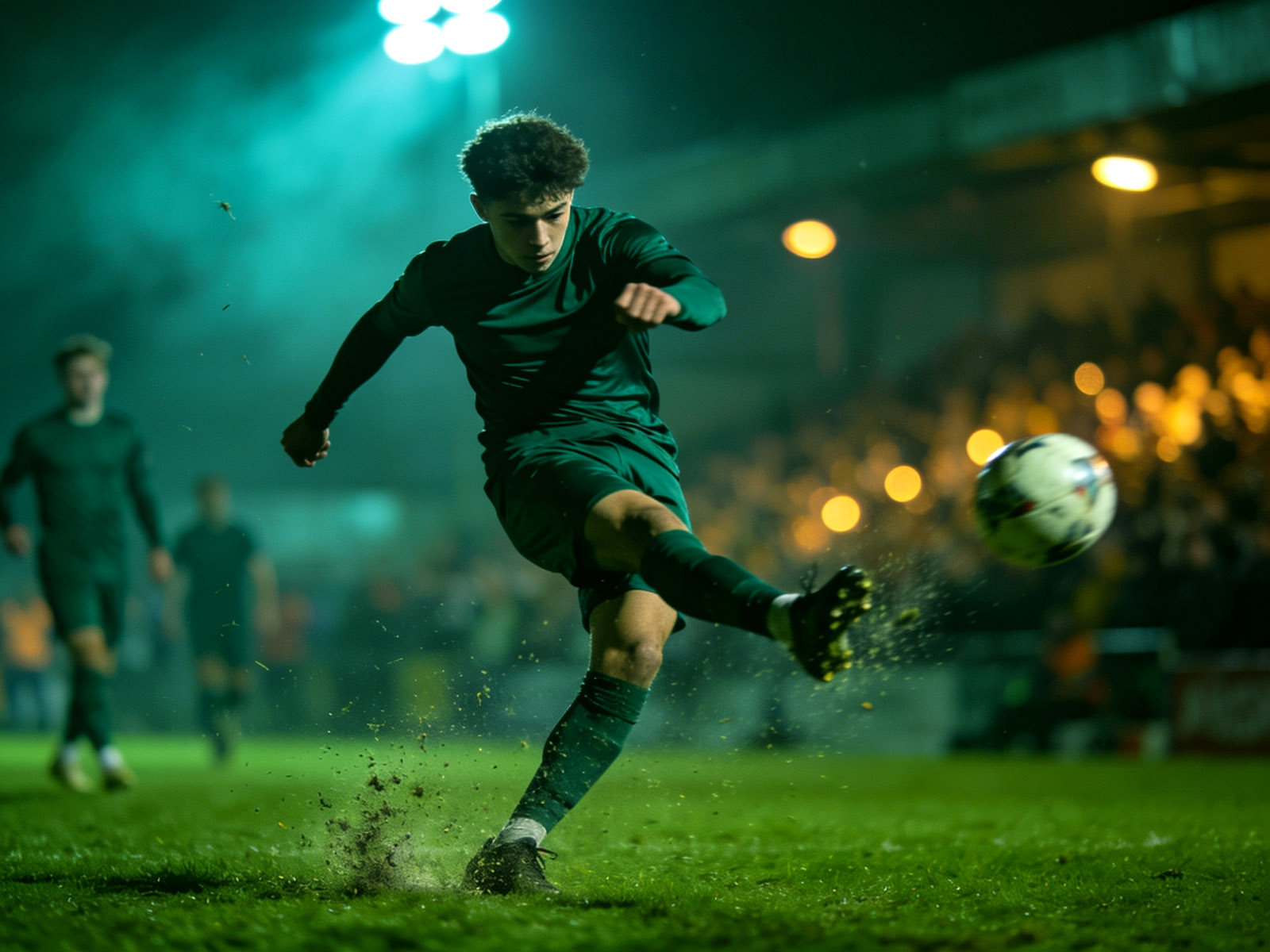 Young footballer striking a shot in an evening match under floodlights