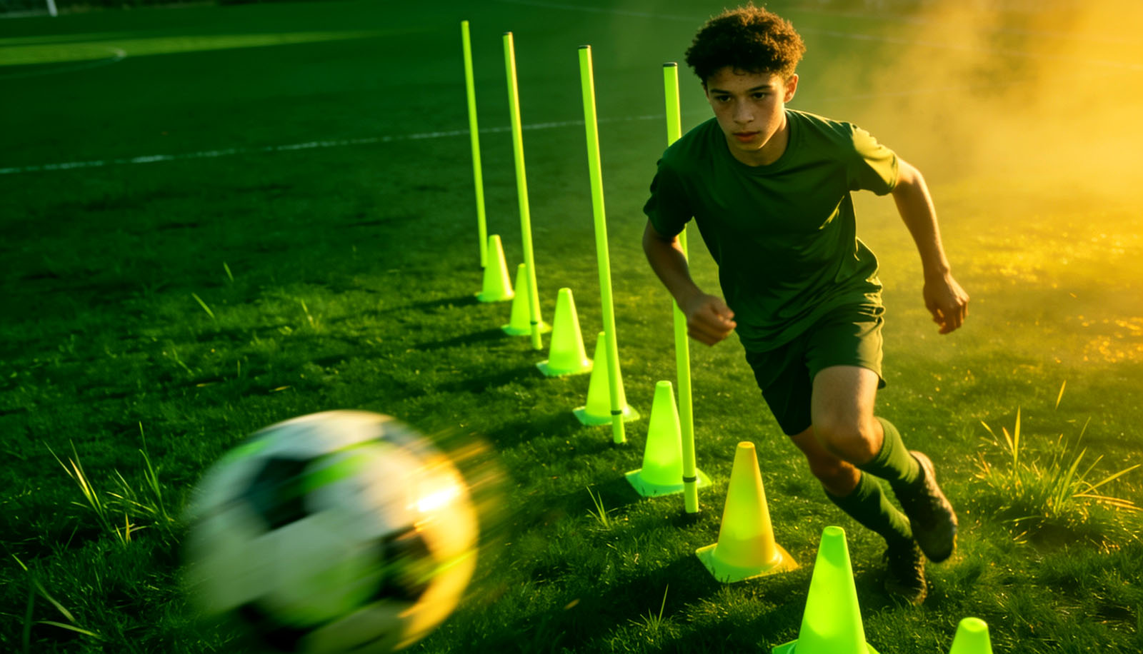 A young player running a cone dribbling drill in training