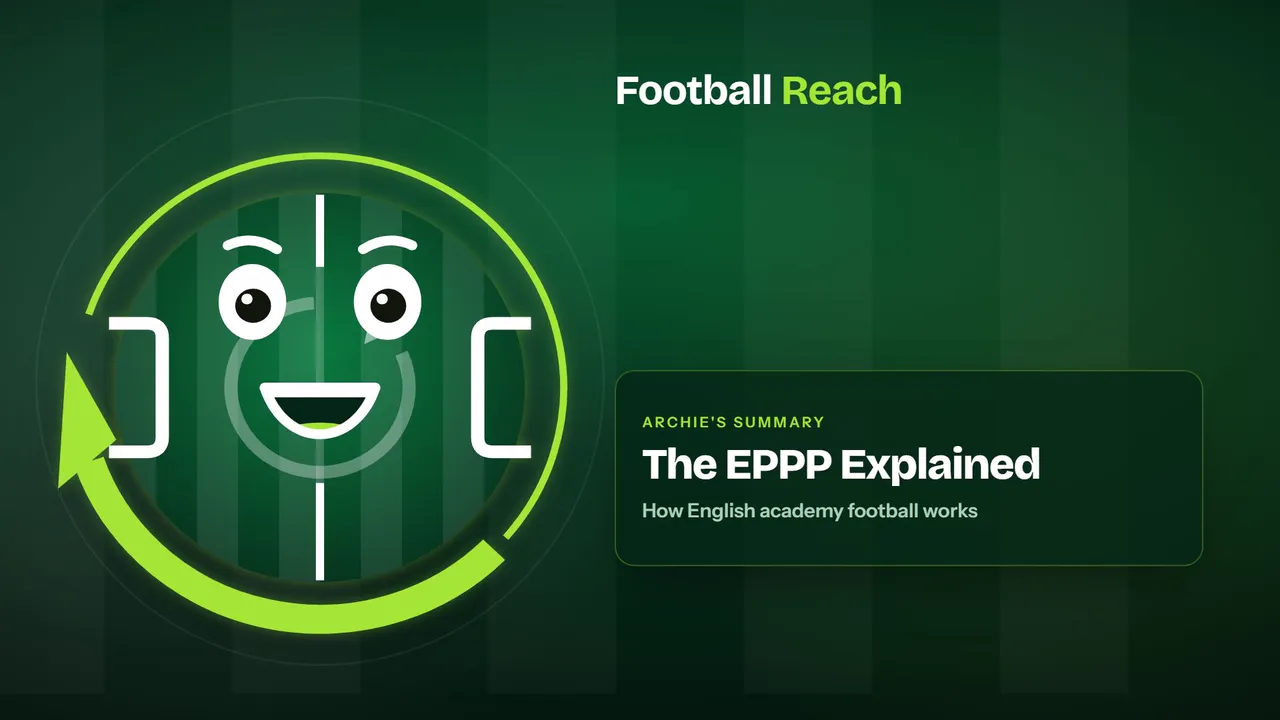 Archie, the Football Reach guide, with the title card of his summary of The EPPP Explained: How English Academy Football Really Works
